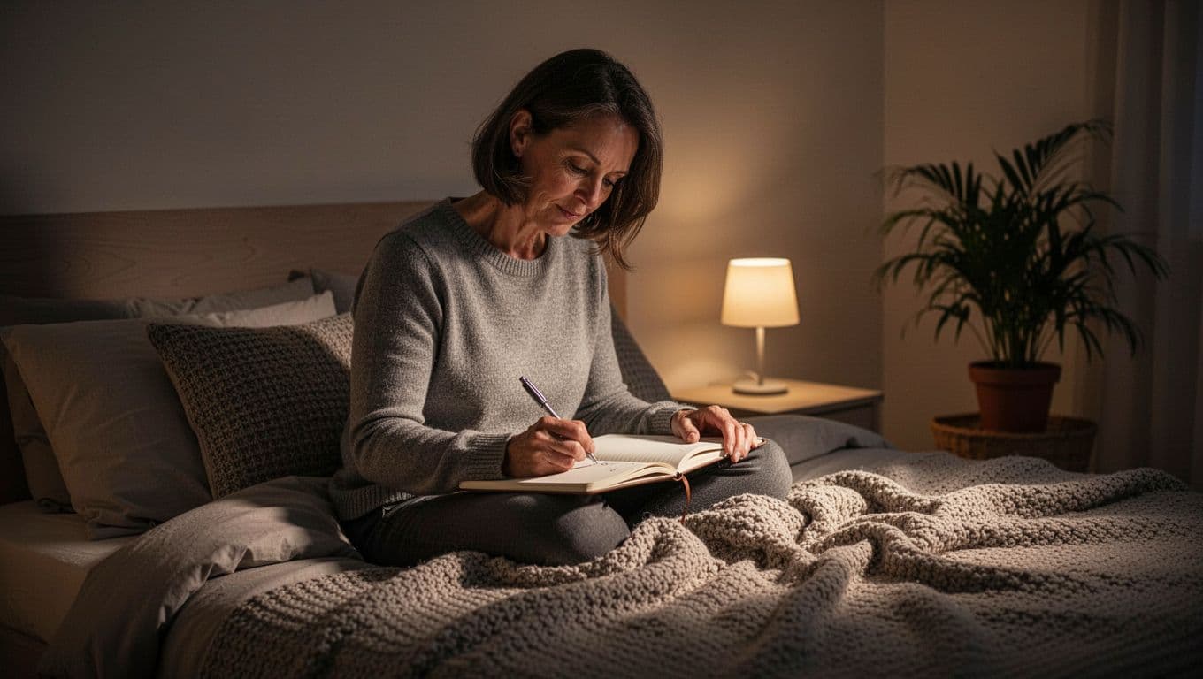 A person in their early 40s sits calmly on a bed in a dimly lit bedroom, writing in a journal with a pen under soft lamp light, surrounded by cozy bedding and plants for a serene wellness scene.