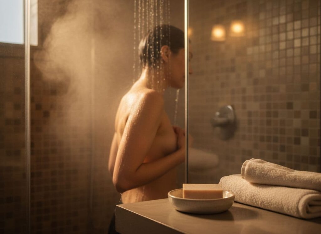 Warm shower in a softly lit bathroom as part of a calming evening routine.