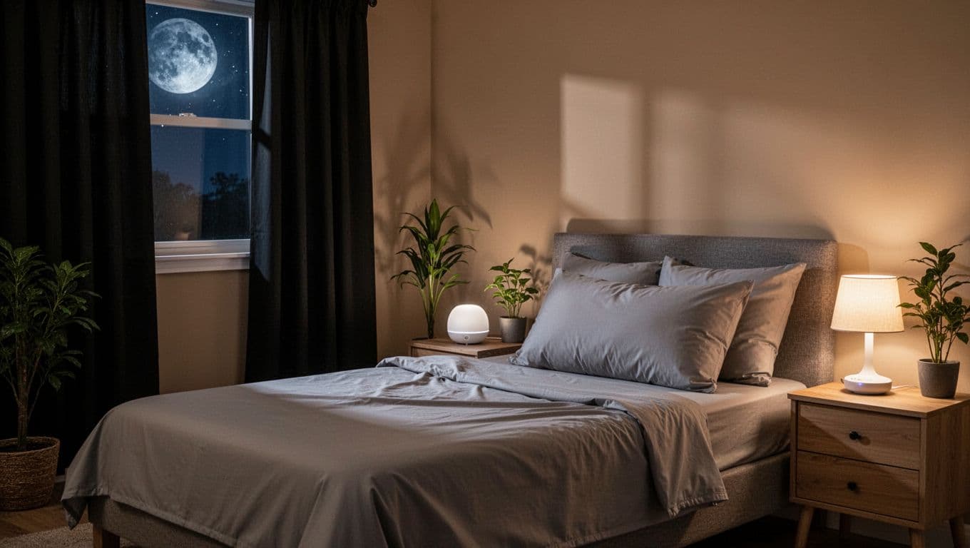 Photorealistic cozy bedroom interior at night with blackout curtains, white noise machine, breathable sheets, dim lamp, subtle moonlight, and plants, creating a calm environment for rest.