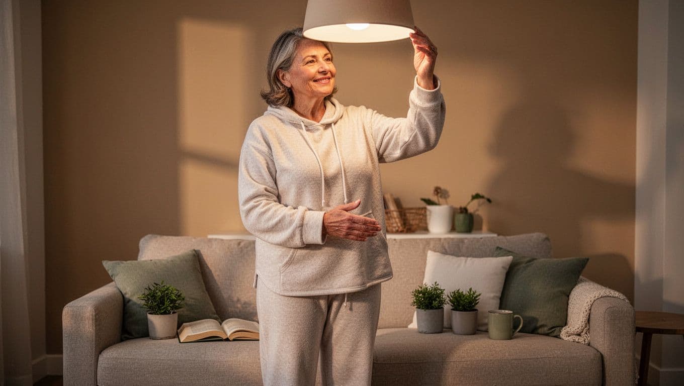 A middle-aged adult in soft loungewear calmly dims the overhead lights in a cozy beige living room at evening, with a nearby sofa featuring an open book, potted plant, and mug, capturing a relaxed happy expression in a photorealistic lifestyle scene for wellness and simplicity.