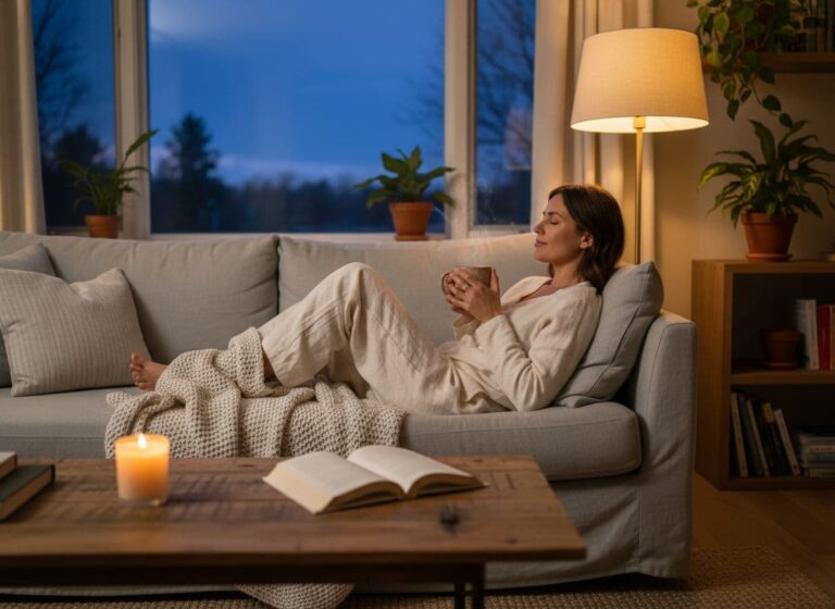 Woman relaxing on a cozy sofa with tea in a softly lit living room during evening.