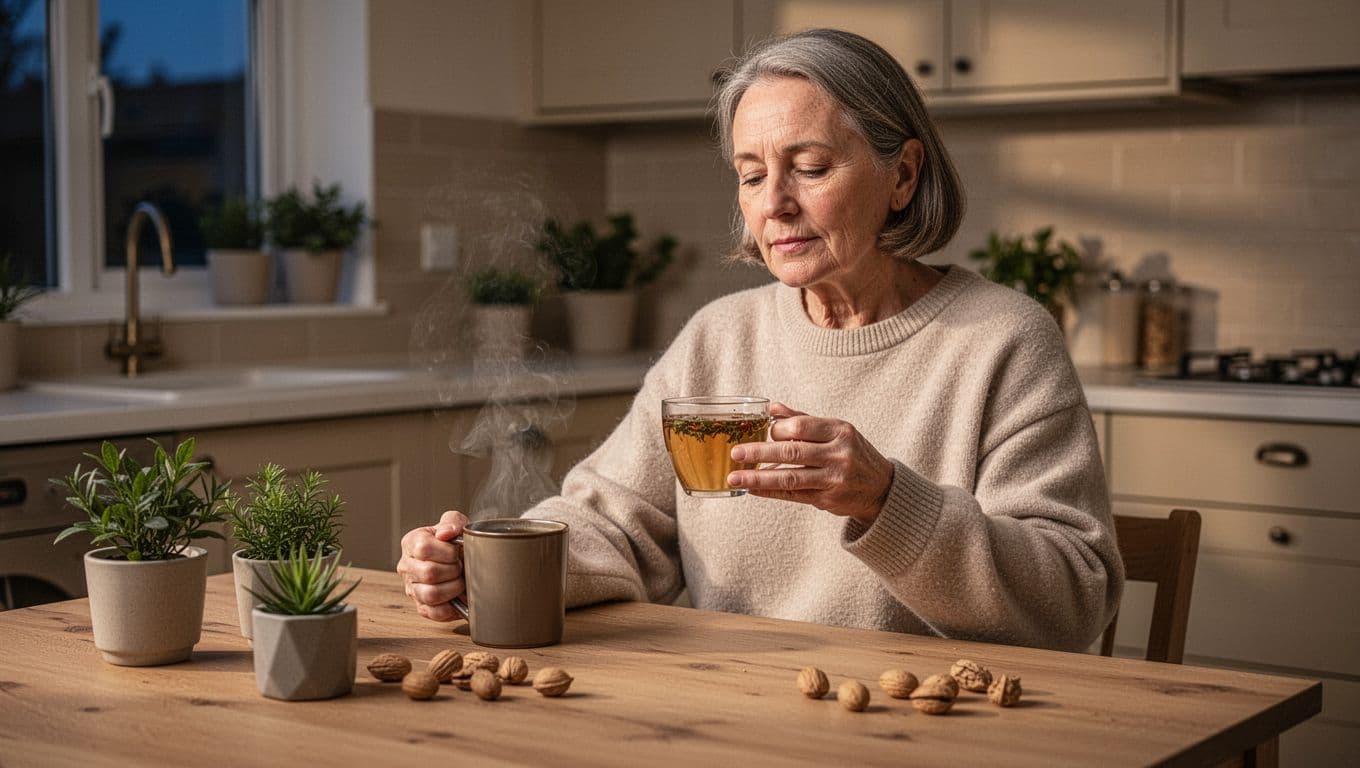 Middle-aged person in loungewear in a cozy beige kitchen at dusk sets aside steaming coffee and picks up herbal tea from wooden table with plants and nuts, relaxed expression in soft evening light.