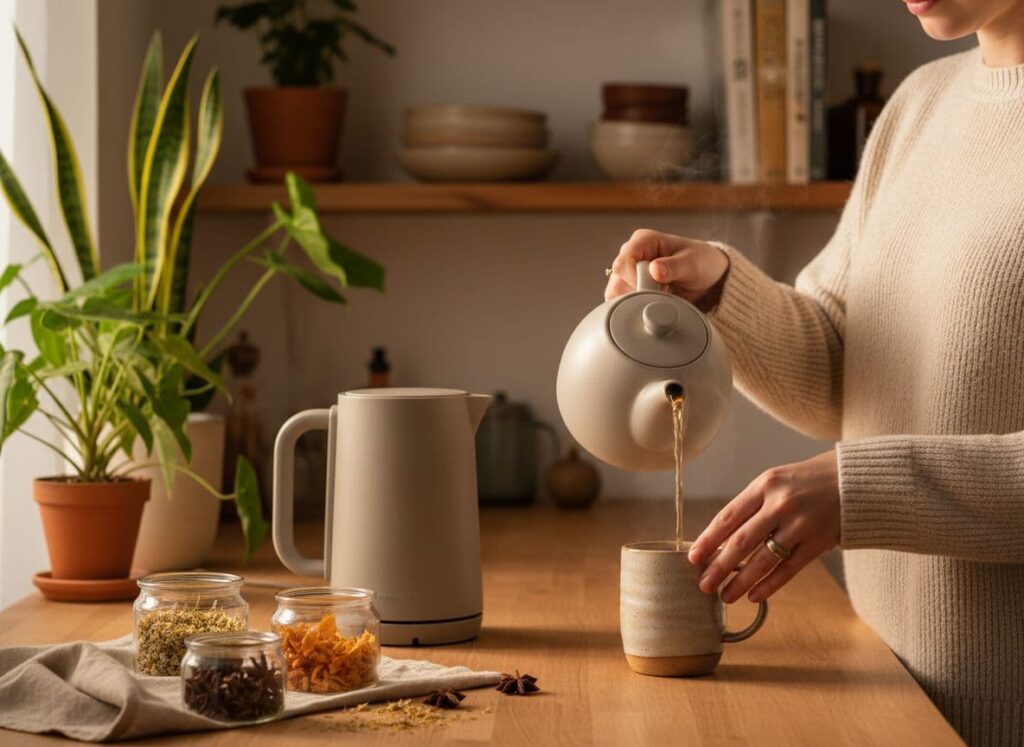 Person pouring herbal tea in a warm cozy kitchen during evening wind-down.
