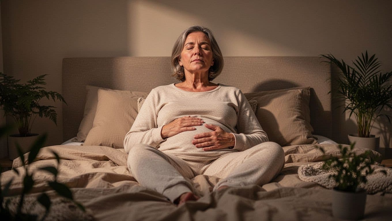 A middle-aged person in soft loungewear practices slow breathing on a cozy bed in a dimly lit evening bedroom, hands gently on belly, eyes closed in peaceful relaxation amid neutral tones and soft plants.
sleep better naturally