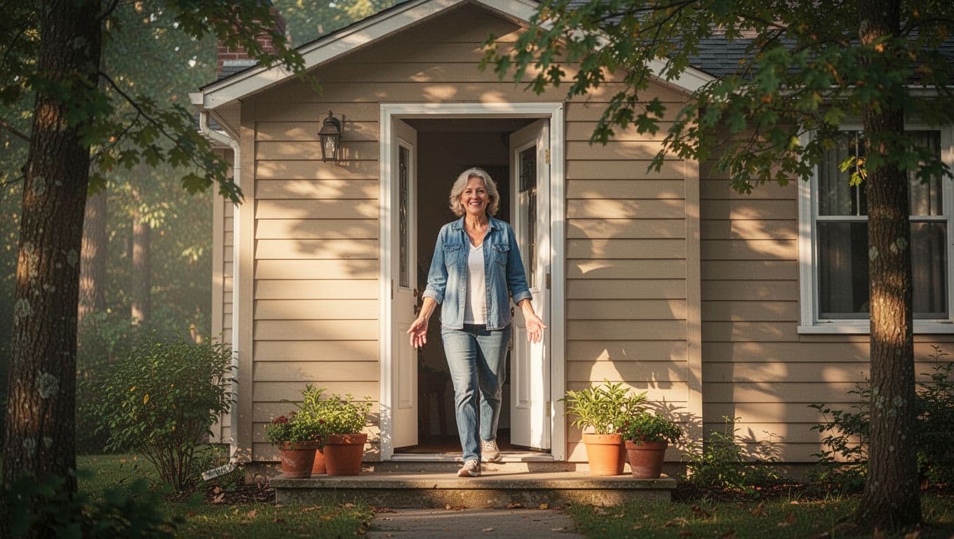 A middle-aged person in comfortable casual clothes steps out the front door of a cozy beige home into soft morning sunlight filtering through green trees, displaying a relaxed happy expression in a photorealistic wellness scene of calm and simplicity.