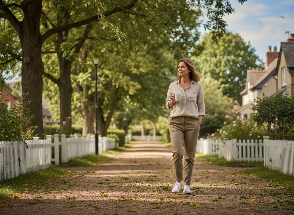 Adult taking a gentle walk outdoors on a leafy path to relieve stress.