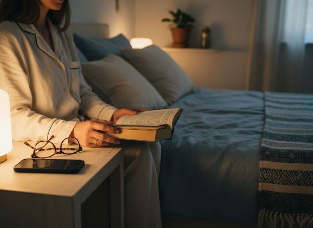 Person putting away phone and picking up a book before bed.