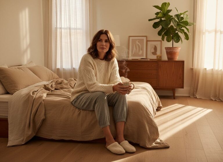 Tired adult sitting on bed with tea in a calm sunlit bedroom, reflecting during burnout recovery.