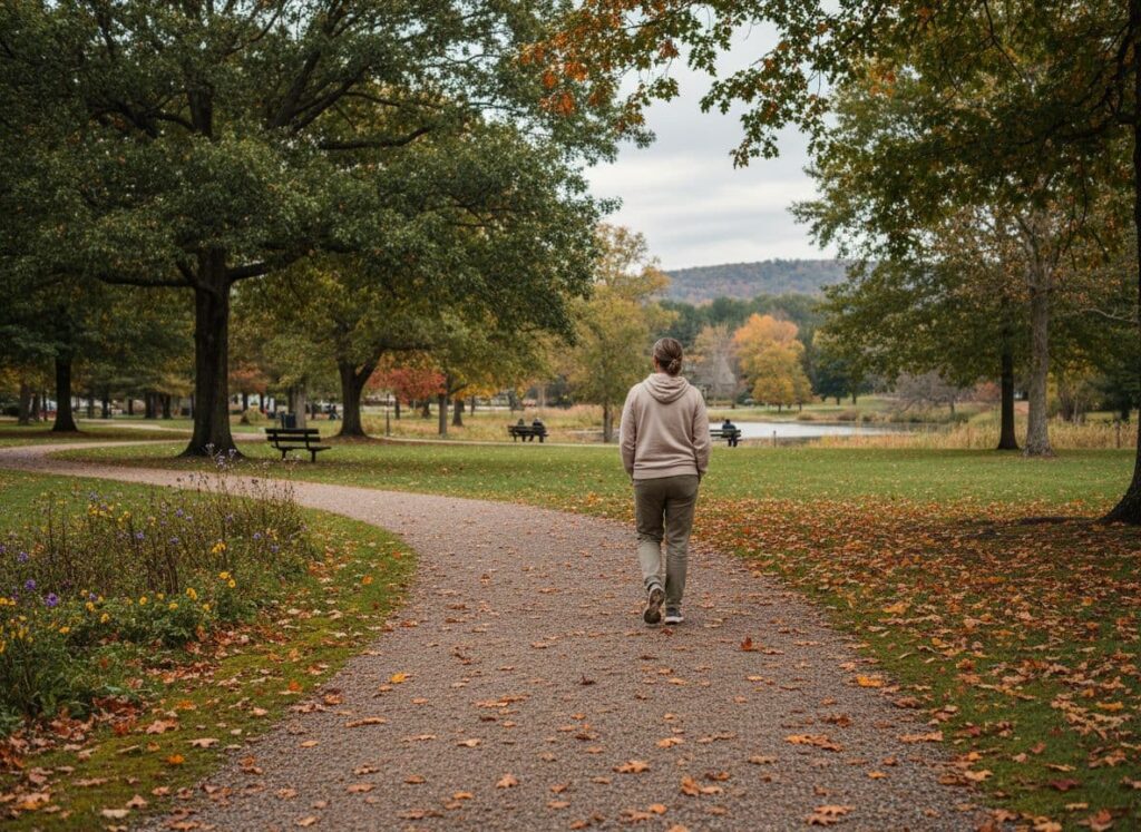 Adult taking a calming walk through a green park to support burnout recovery.