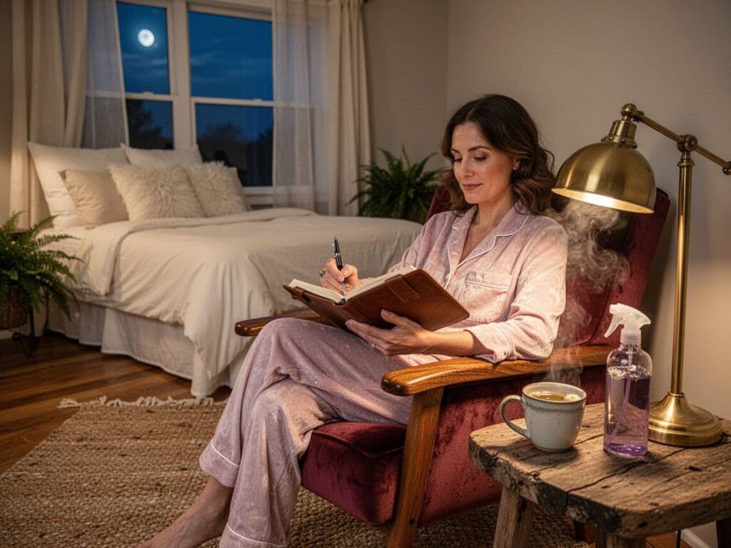Person journaling in a cozy bedroom during a calming bedtime routine.
sleep better naturally