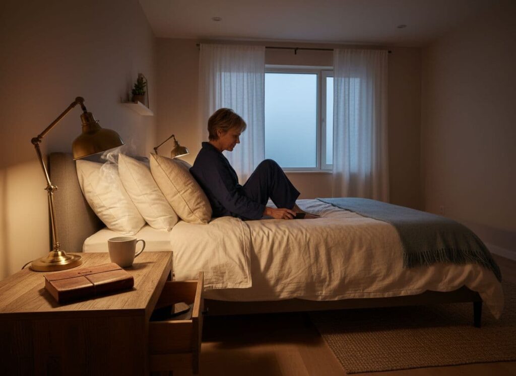 Adult putting phone away before bed in a calm softly lit bedroom.