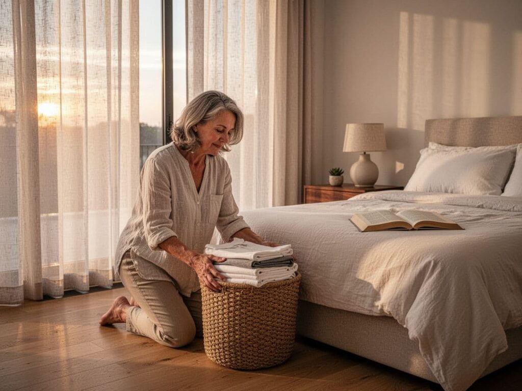 Person tidying a bedroom to create a calmer sleep space.