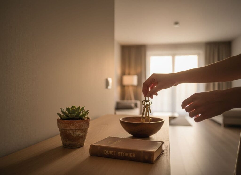 A minimalist and tidy wooden entryway table with a small plant and a book, representing a cleared surface that provides visual rest.