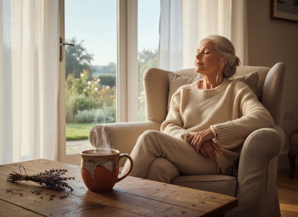 A woman in a cream sweater rests in a sunlit chair next to a steaming mug, embodying the peace of a slow morning reset. Peaceful home