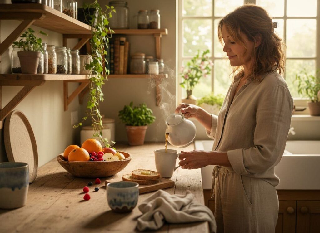 Adult making tea in a warm kitchen as part of a gentle morning burnout recovery routine. Burnout recovery tips