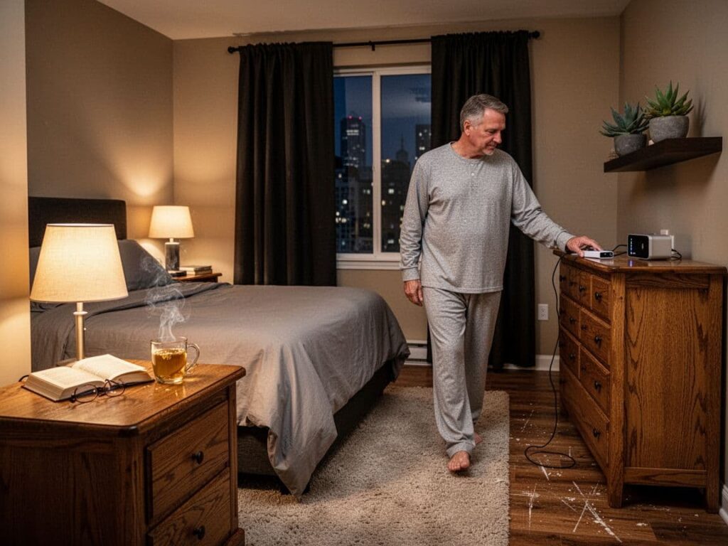 Person placing phone away from the bed in a dim calm bedroom at night.
