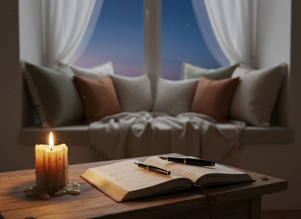 A dedicated calm corner at twilight featuring a lit candle, a journal, and soft pillows, offering a place for a daily mental reset.