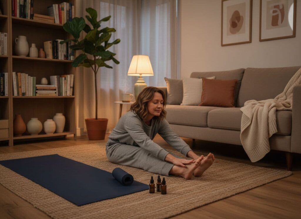 Adult stretching in a cozy softly lit living room with phone set aside for rest.
