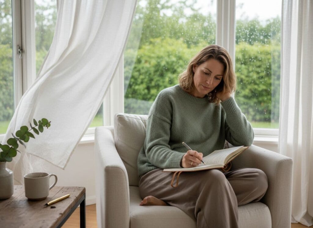 Person journaling in a peaceful window nook to reflect on stress and burnout signs.