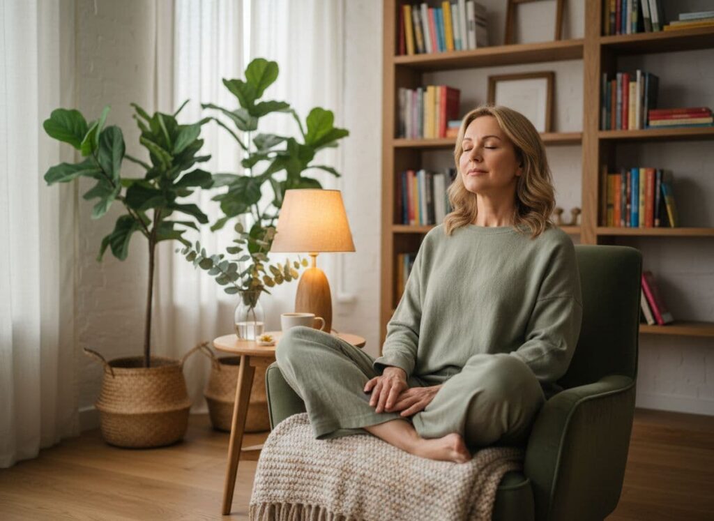 Adult sitting in a cozy chair with eyes closed practicing calming breathing exercises. reduce stress naturally