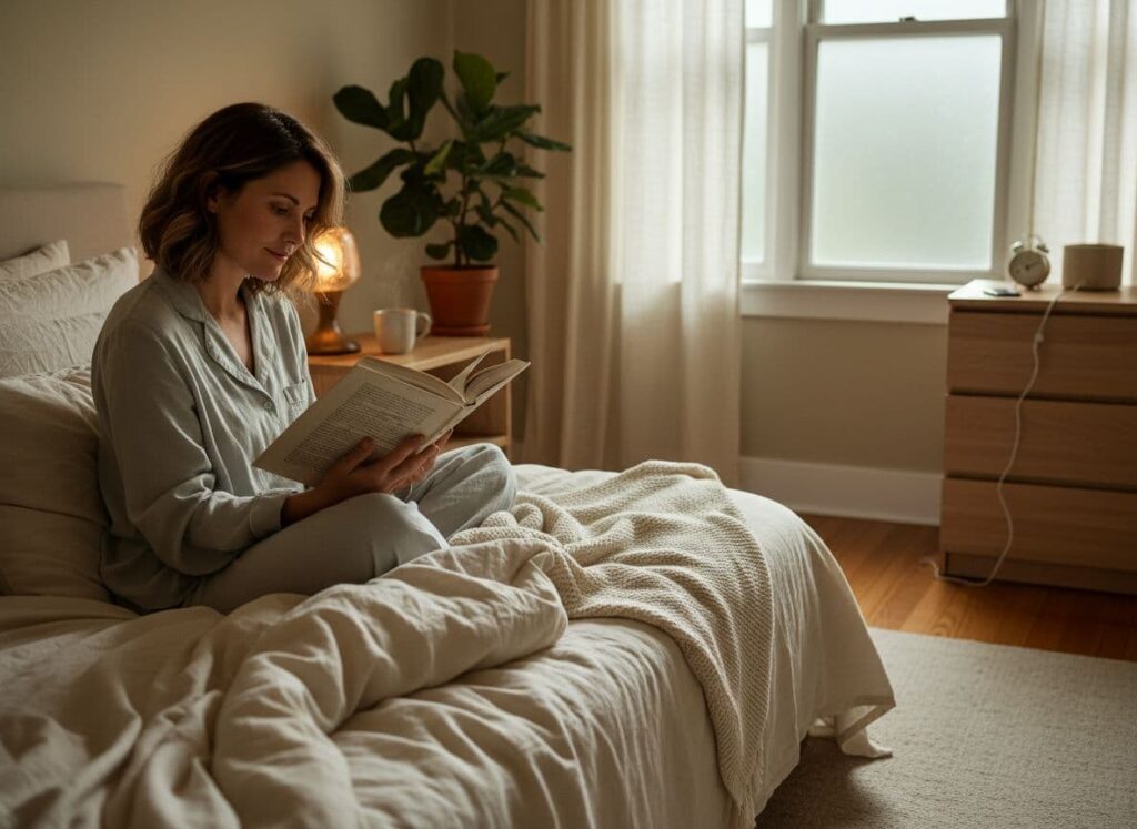 Adult reading in bed during a calming nighttime routine to recover from burnout.