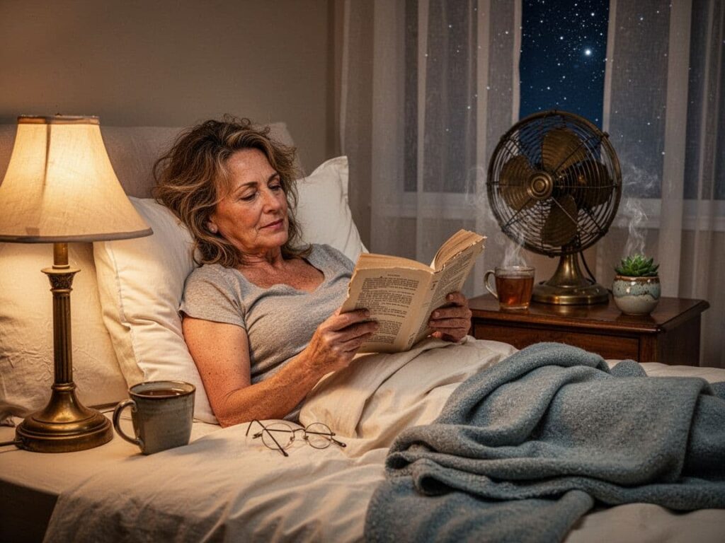 Person relaxing in bed with a fan creating soothing background sound.
