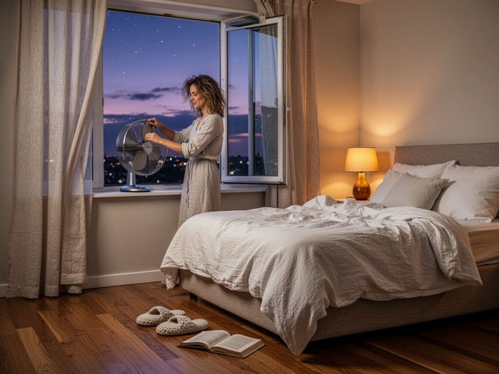Person setting up a fan in a peaceful bedroom to create a cooler sleep environment.