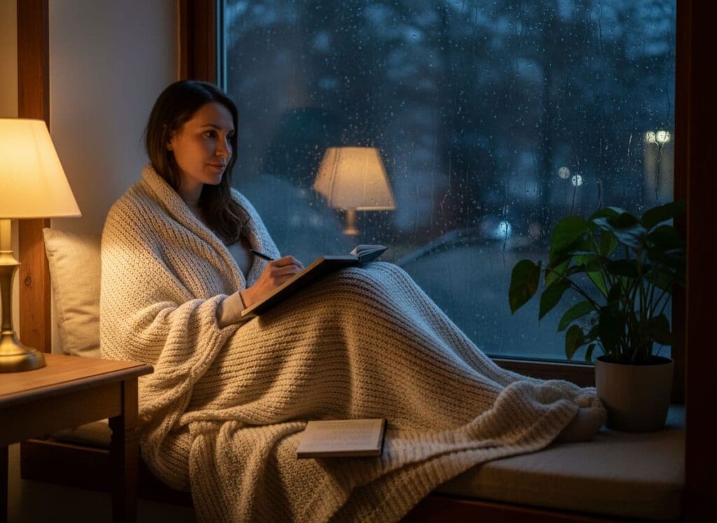 Woman journaling by a softly lit window before bedtime.