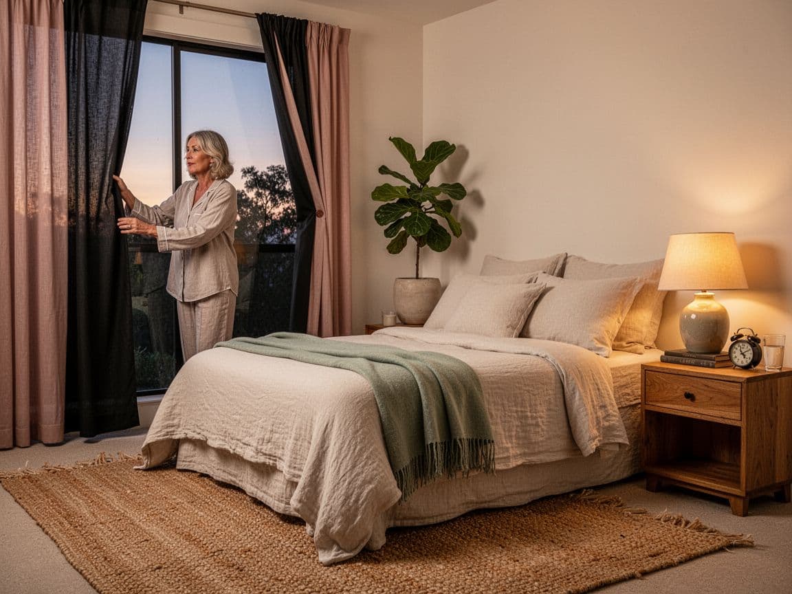 Calm cozy bedroom with soft lighting and person preparing the room for sleep